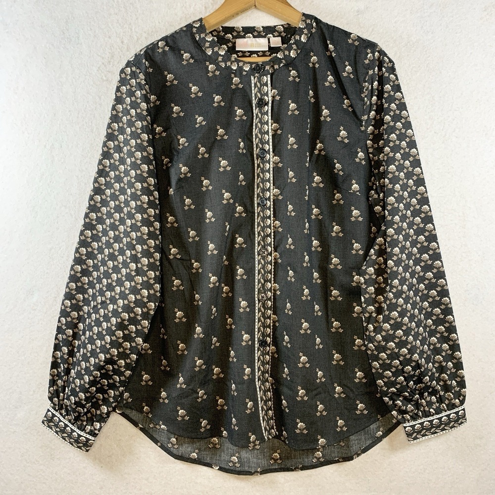 Belle Kim Gravel Womens Boho Floral Button Top‎ Sz M Mixed Print Dark Cottage